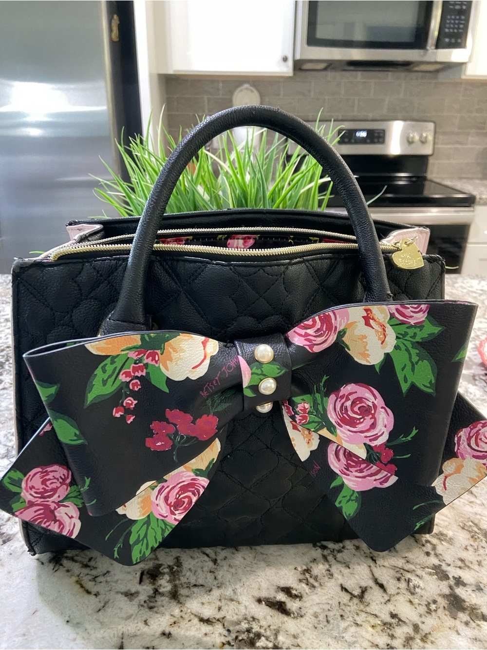 Vintage Betsy JohnsonQuilted Black Satchel with Floral Bow Accent